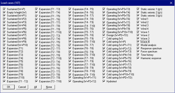 caepie dialog box showing load cases selected